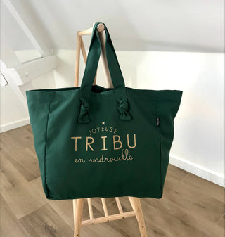 Sac cabas "Joyeuse tribu en vadrouille" vert anglais