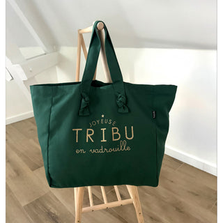 Cabas vert "Joyeuse tribu en vadrouille"