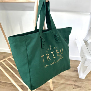 Sac cabas "Joyeuse tribu en vadrouille" vert anglais